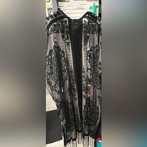 Torrid long black sheer with velvet details kimono with fringe. Size 1